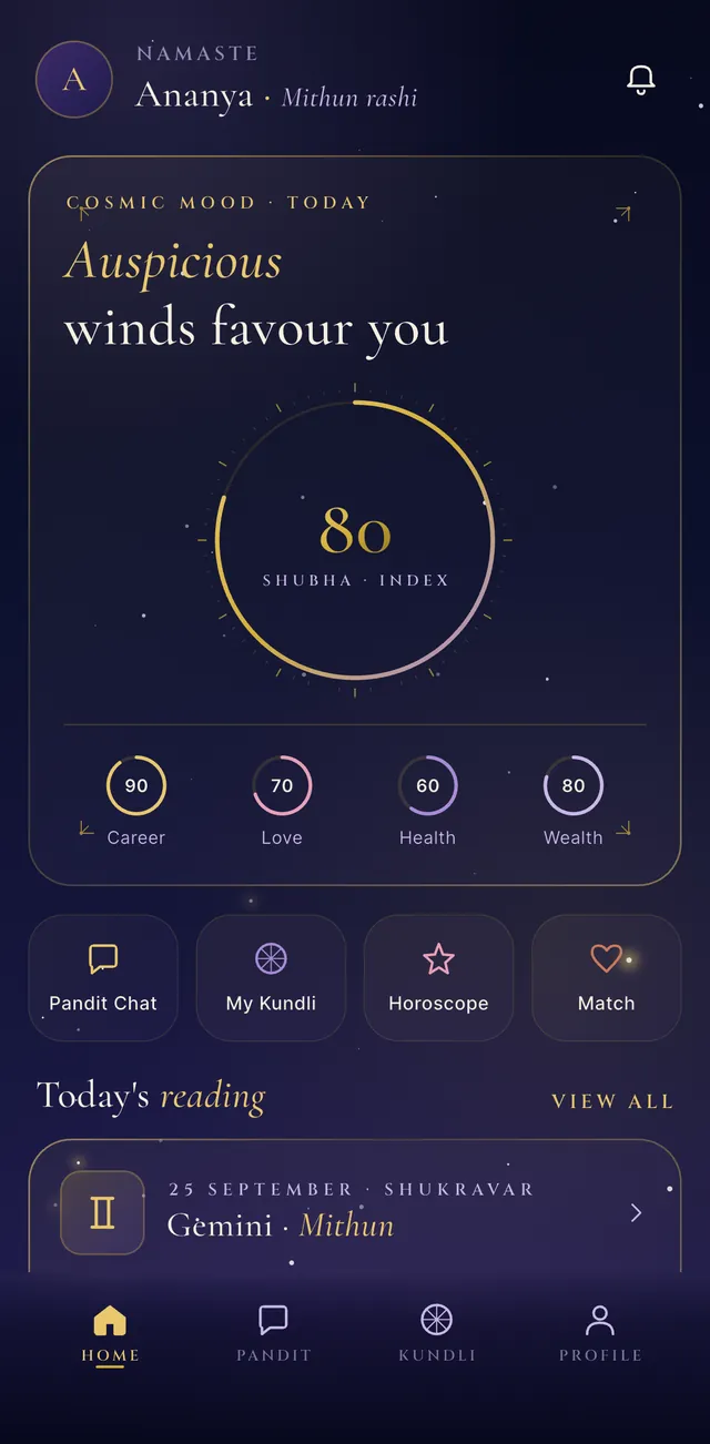 The JyotishAI app’s home screen for a demo profile: today’s cosmic mood and shortcuts to chat, kundli, horoscope and match