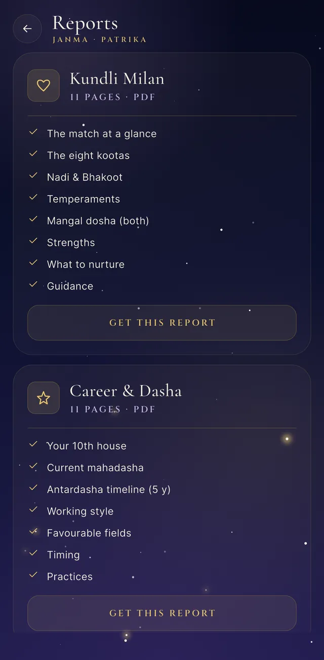 The Reports screen in the JyotishAI app, listing PDF reports and their chapters